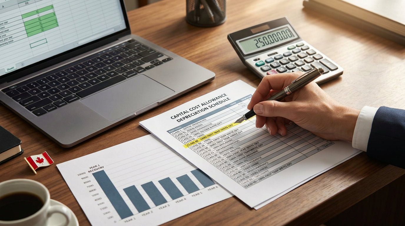 Accountant completing a Class 43.1 capital cost allowance depreciation schedule, Canadian flag pin on desk