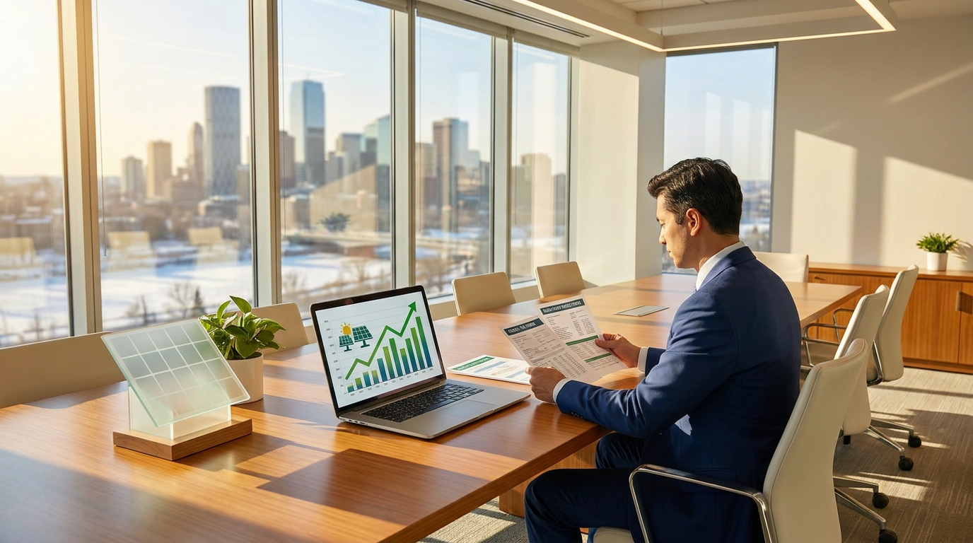 CFO reviewing the Clean Technology ITC financial model in a boardroom overlooking a Canadian city skyline