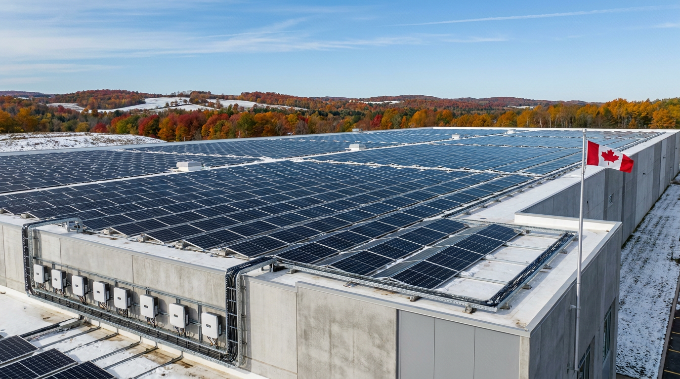 Aerial view of a large commercial rooftop solar array with a Canadian flag, autumn foliage in the background