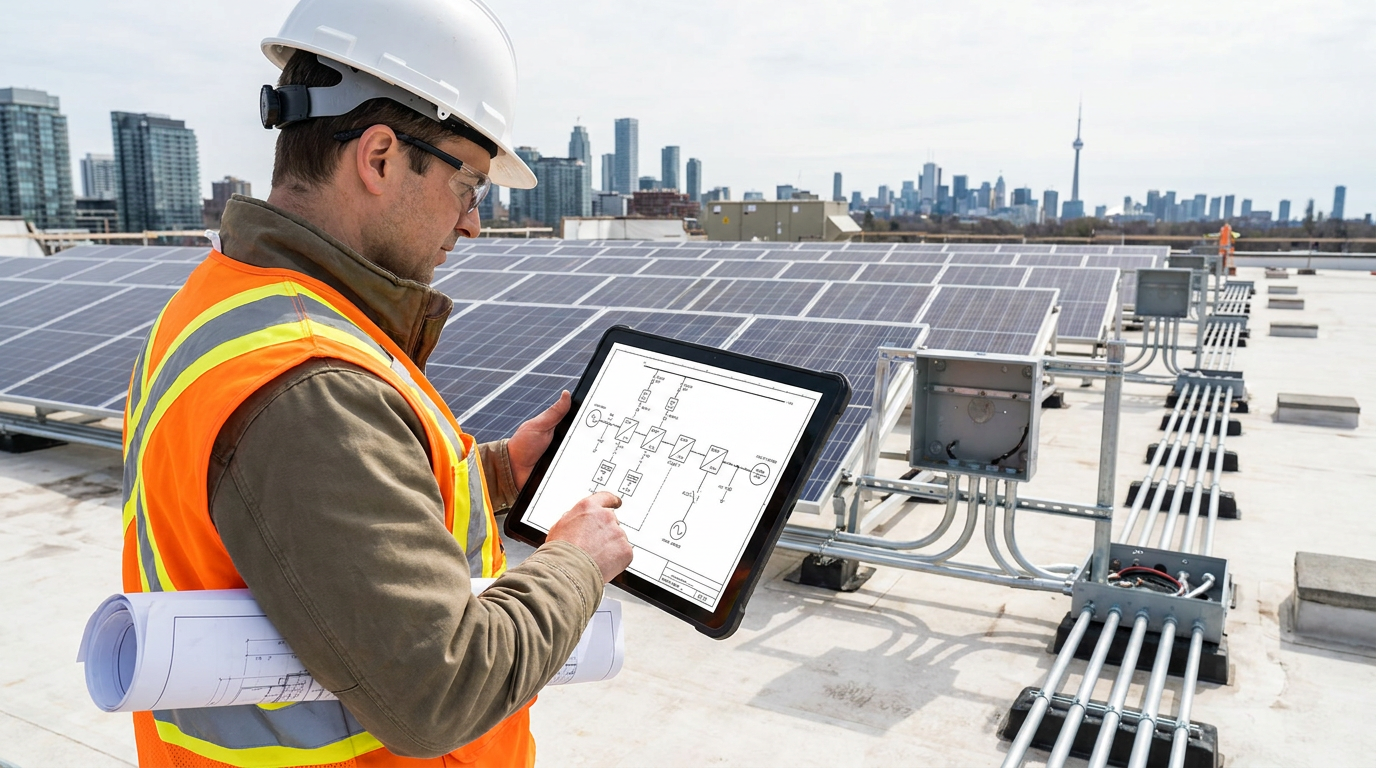 Engineer reviewing a single-line electrical diagram on a tablet atop a commercial rooftop solar array, city skyline behind