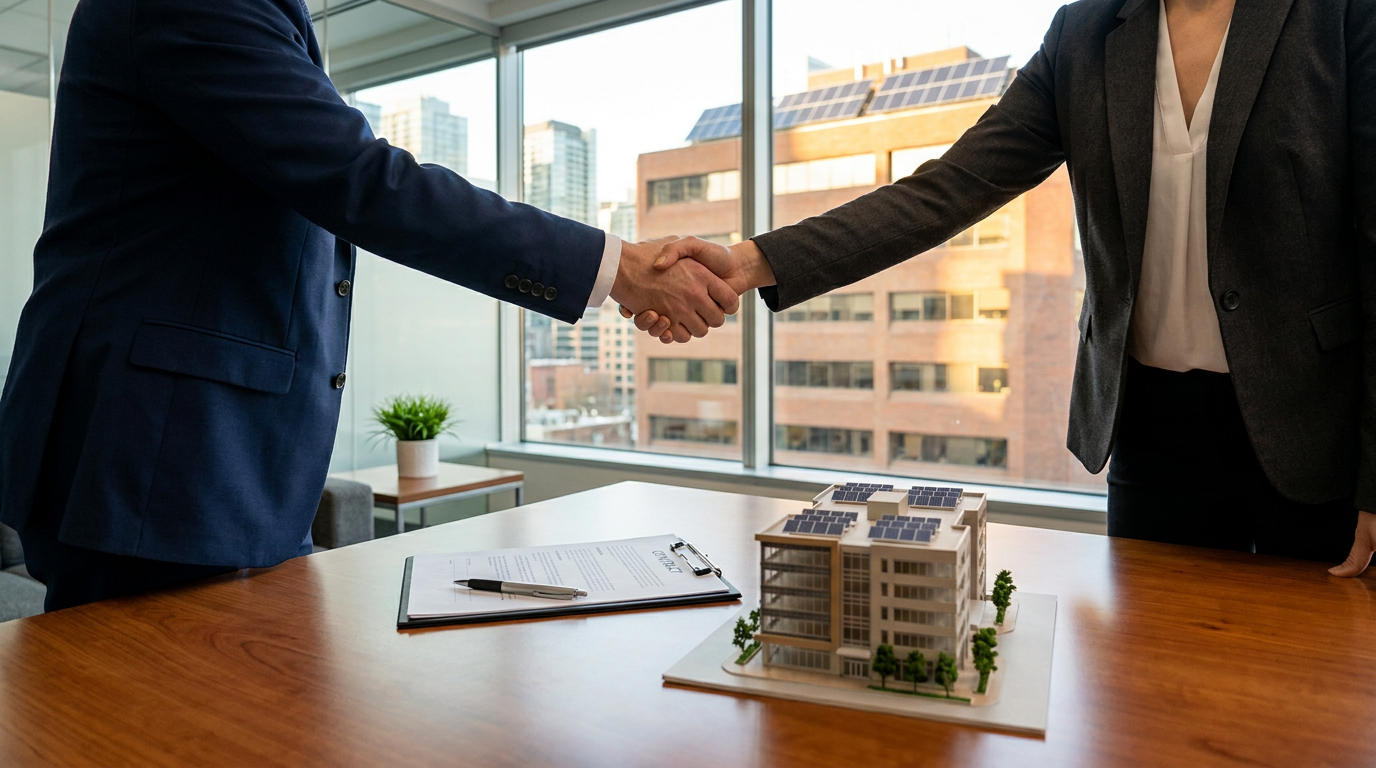 Business handshake over a signed solar lease agreement, building model with rooftop solar panels on the table