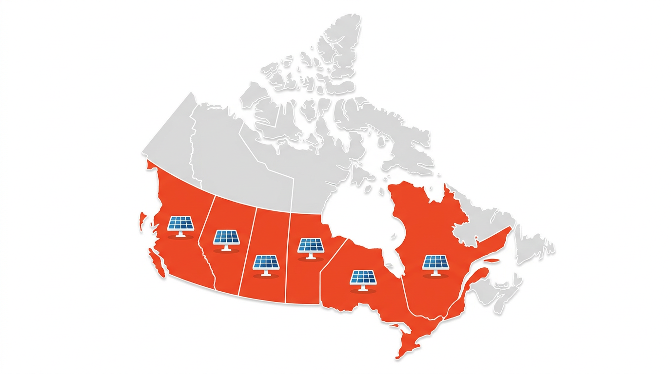 Map of Canada highlighting provinces served for commercial solar and storage, with solar panel icons